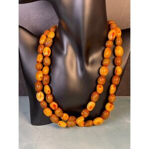 Chunky Boho Two Strand Natural Wood Bead Necklace Yellow and Brown 18"